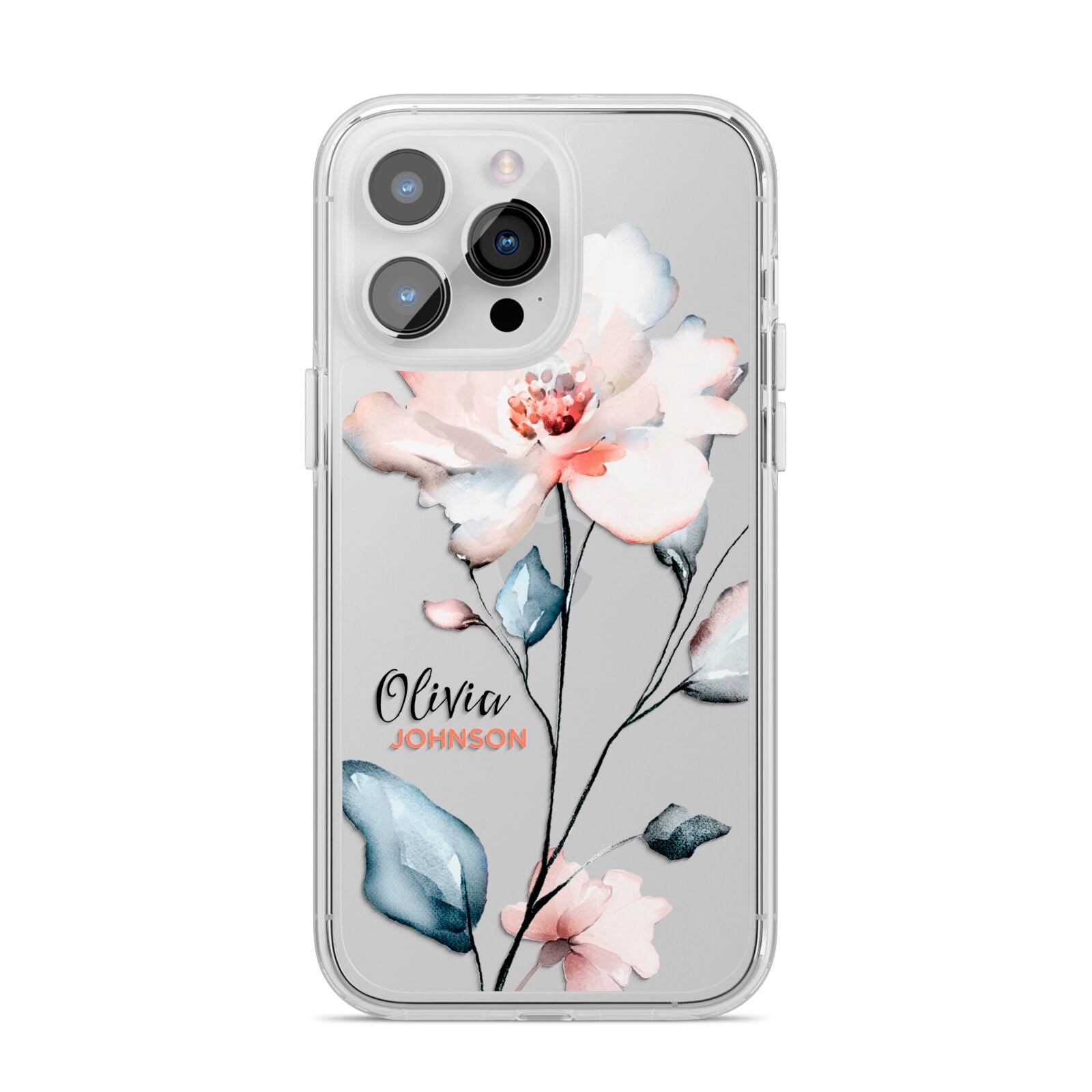 Personalised Name Watercolour Roses iPhone 14 Pro Max Clear Tough Case Silver