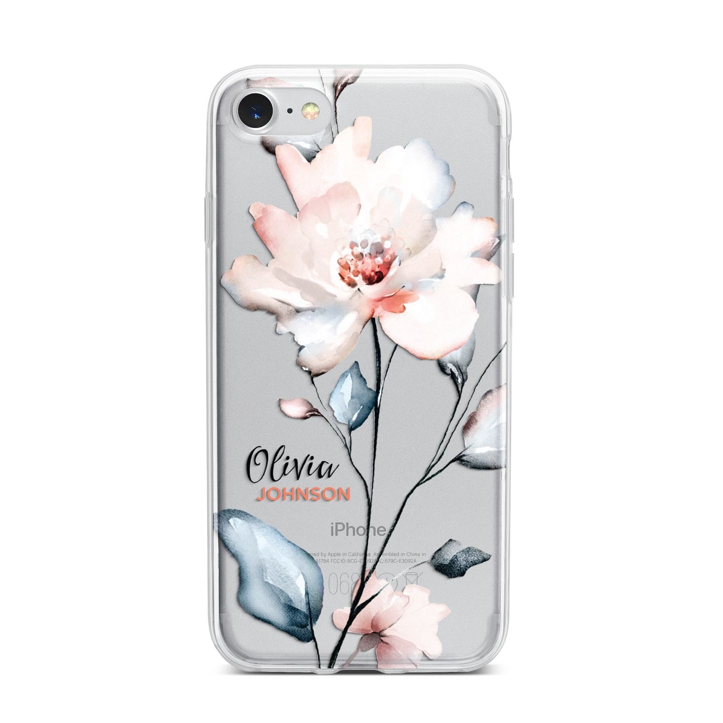 Personalised Name Watercolour Roses iPhone 7 Bumper Case on Silver iPhone