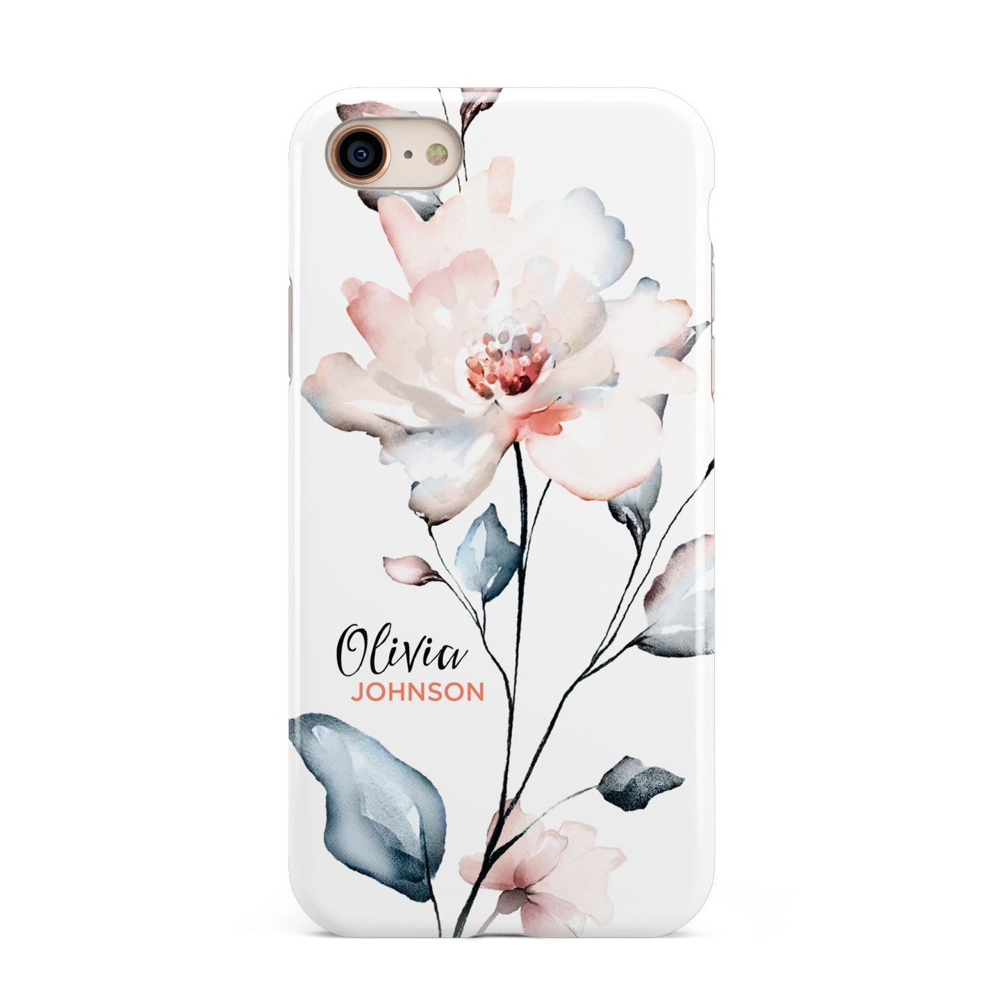 Personalised Name Watercolour Roses iPhone 8 3D Tough Case on Gold Phone