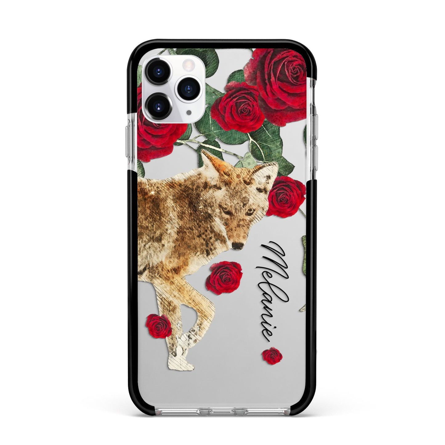 Personalised Name Wolf Apple iPhone 11 Pro Max in Silver with Black Impact Case
