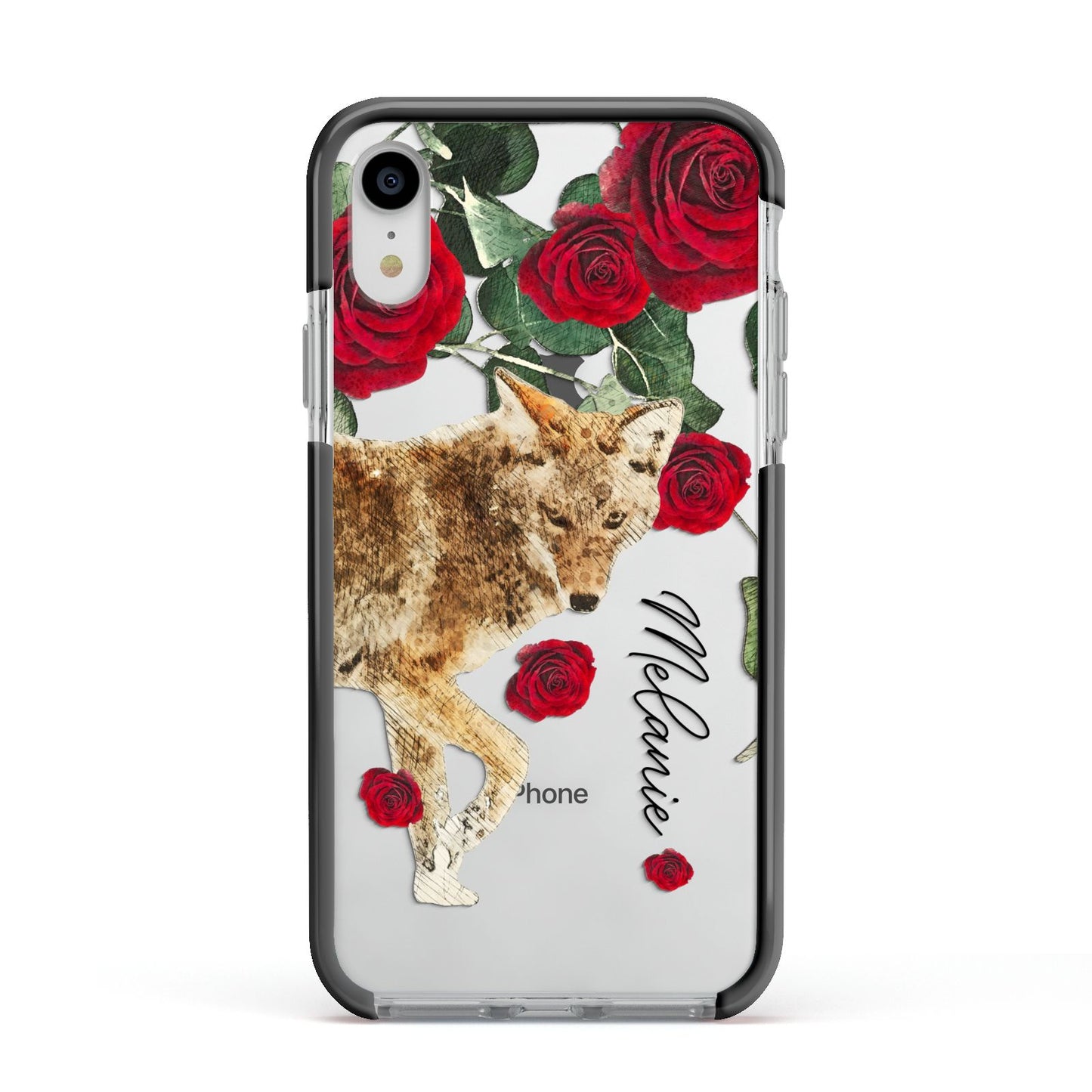 Personalised Name Wolf Apple iPhone XR Impact Case Black Edge on Silver Phone