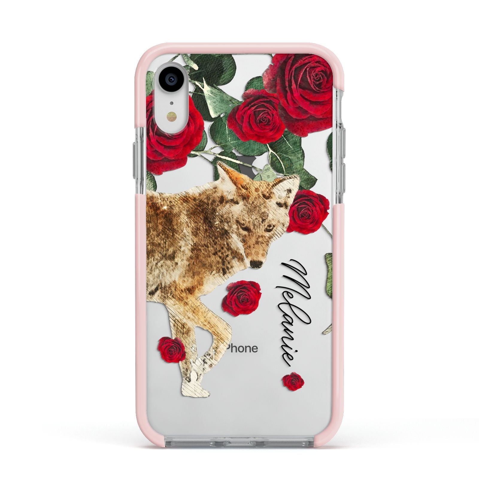 Personalised Name Wolf Apple iPhone XR Impact Case Pink Edge on Silver Phone