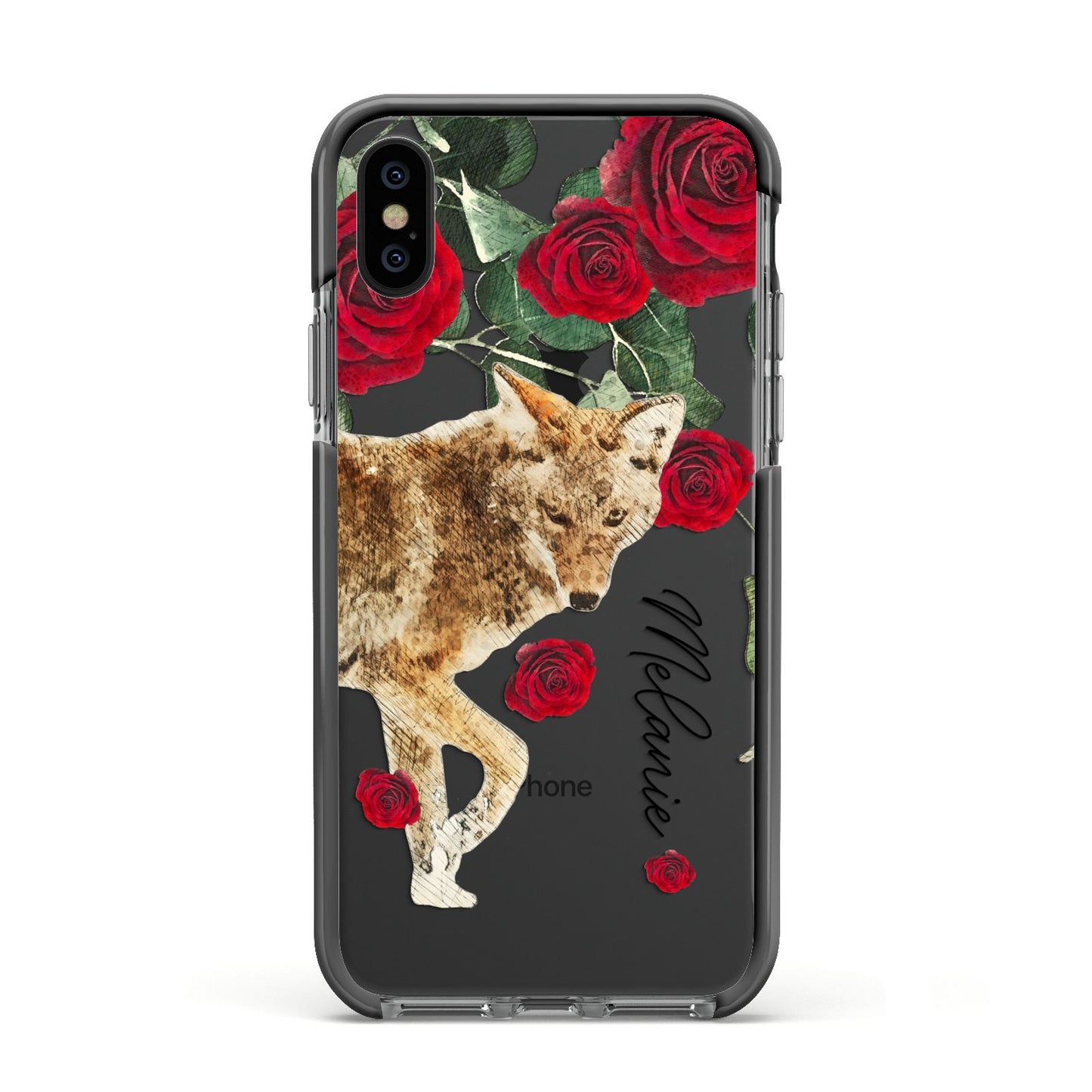 Personalised Name Wolf Apple iPhone Xs Impact Case Black Edge on Black Phone