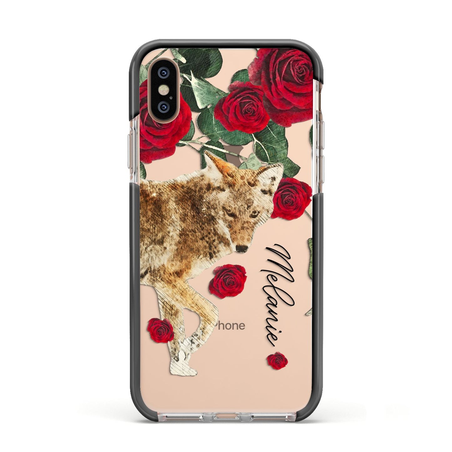 Personalised Name Wolf Apple iPhone Xs Impact Case Black Edge on Gold Phone