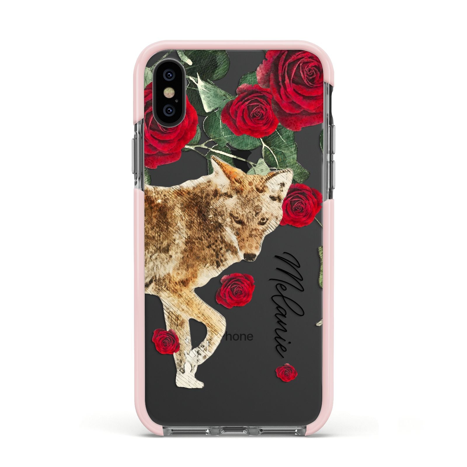Personalised Name Wolf Apple iPhone Xs Impact Case Pink Edge on Black Phone