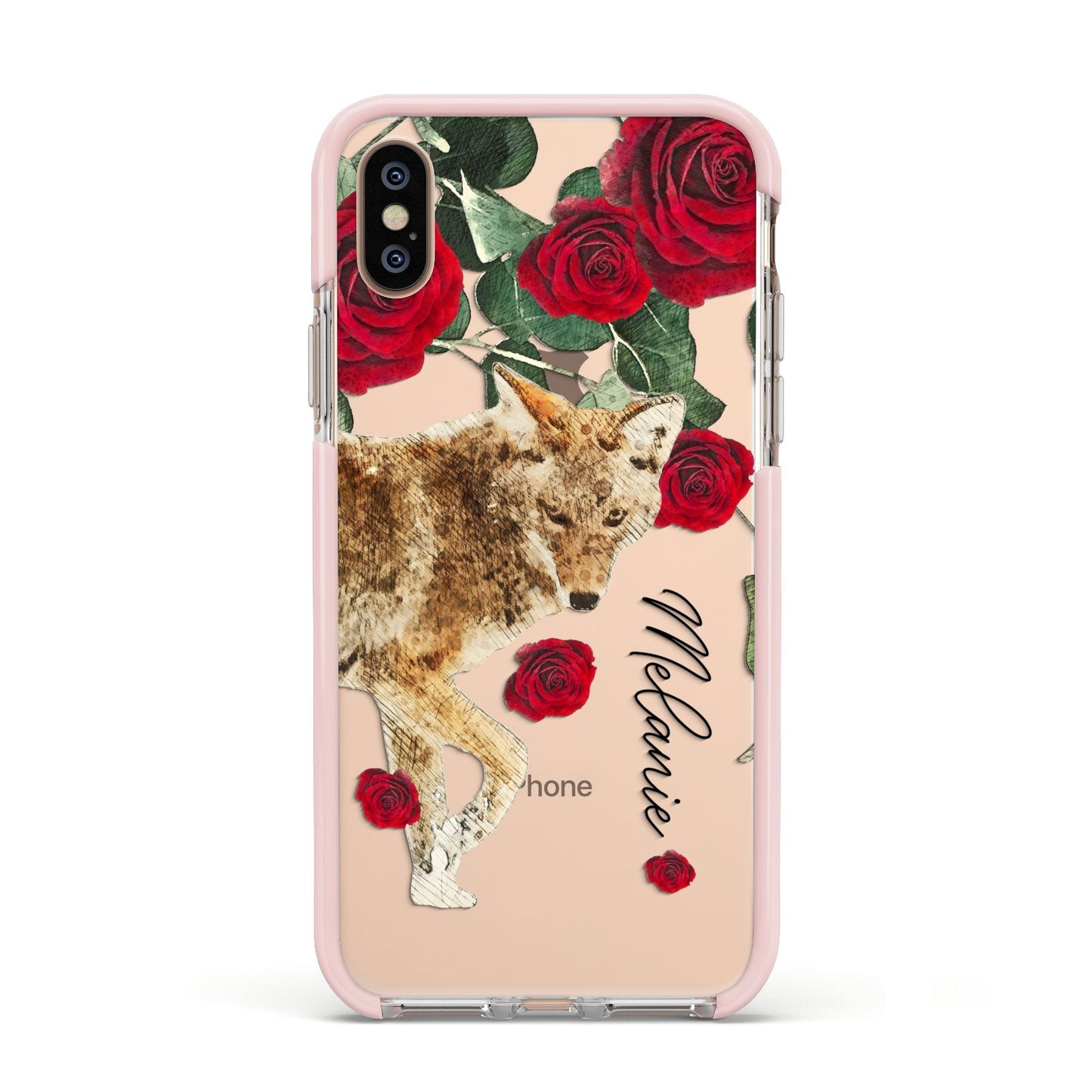 Personalised Name Wolf Apple iPhone Xs Impact Case Pink Edge on Gold Phone