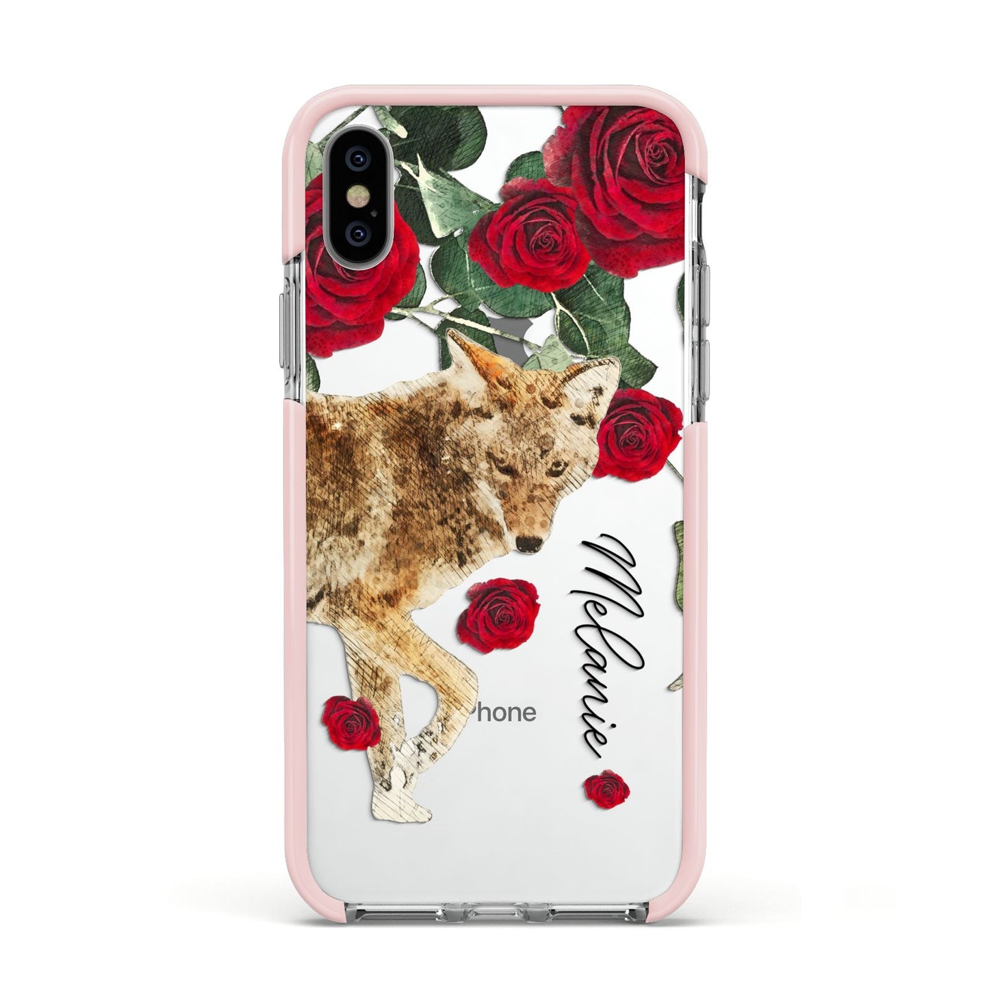 Personalised Name Wolf Apple iPhone Xs Impact Case Pink Edge on Silver Phone