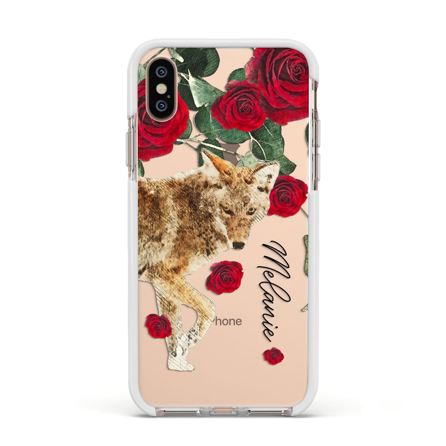 Personalised Name Wolf Apple iPhone Xs Impact Case White Edge on Gold Phone
