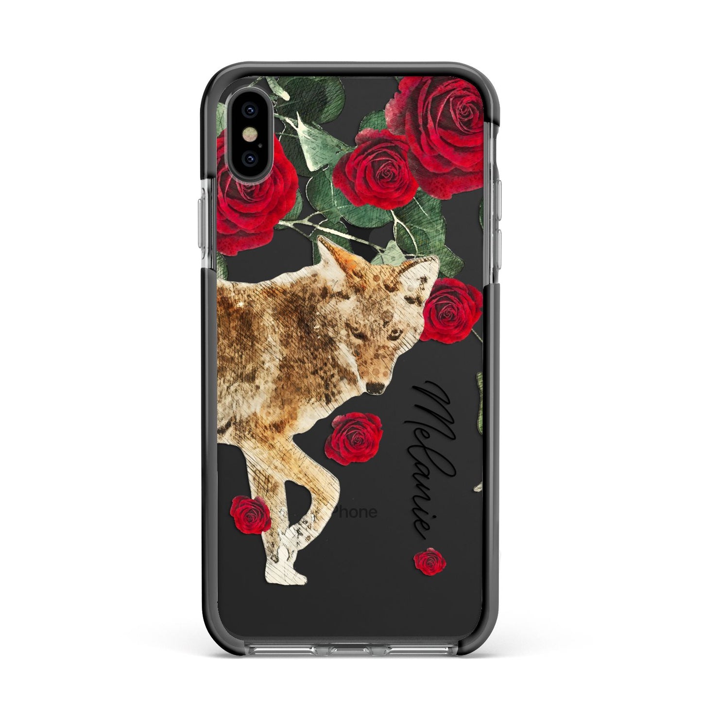 Personalised Name Wolf Apple iPhone Xs Max Impact Case Black Edge on Black Phone