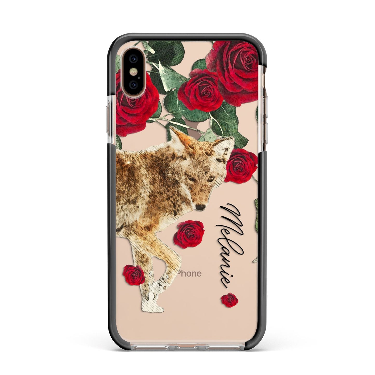 Personalised Name Wolf Apple iPhone Xs Max Impact Case Black Edge on Gold Phone