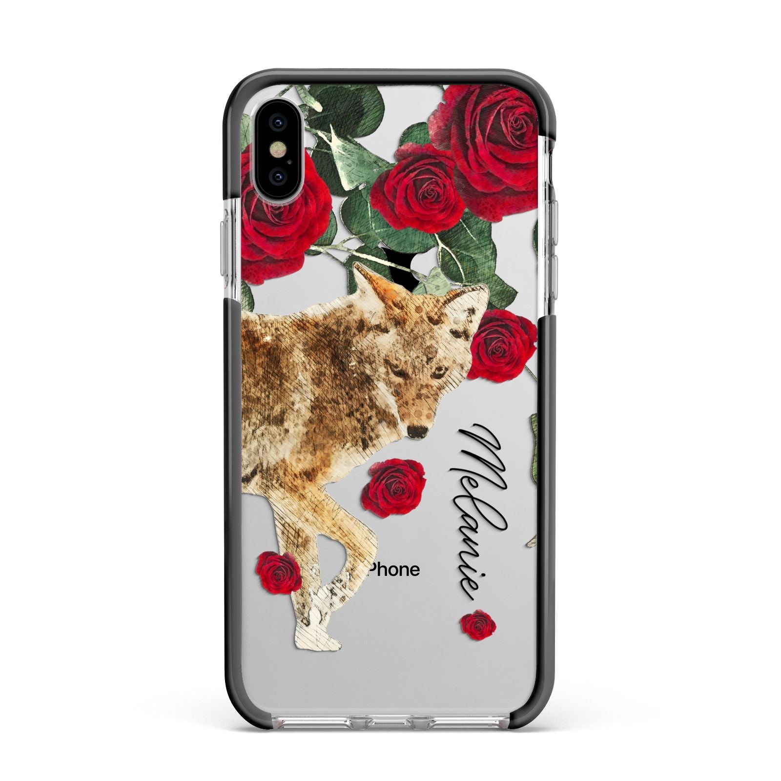 Personalised Name Wolf Apple iPhone Xs Max Impact Case Black Edge on Silver Phone
