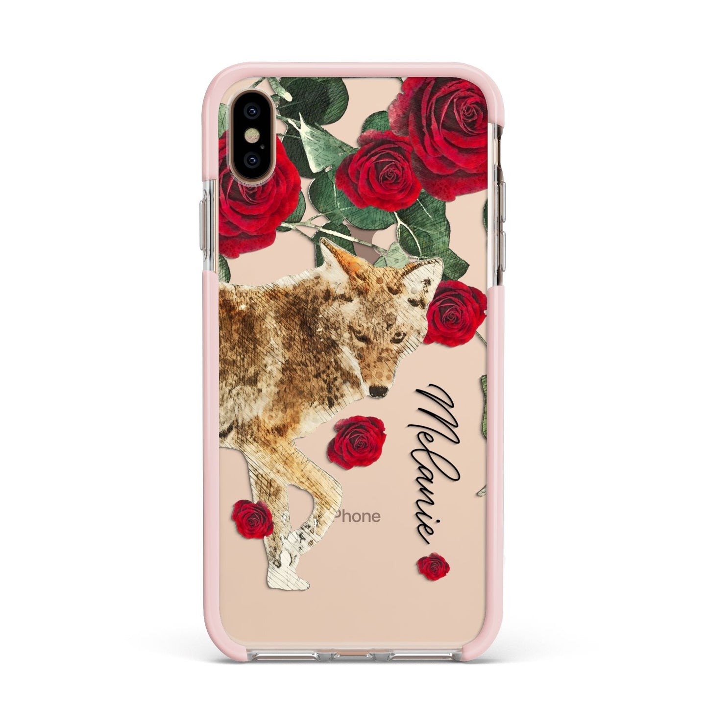 Personalised Name Wolf Apple iPhone Xs Max Impact Case Pink Edge on Gold Phone