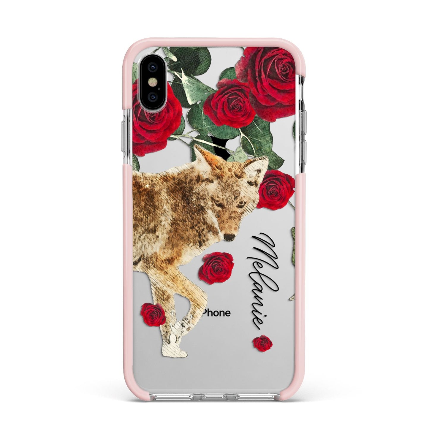 Personalised Name Wolf Apple iPhone Xs Max Impact Case Pink Edge on Silver Phone