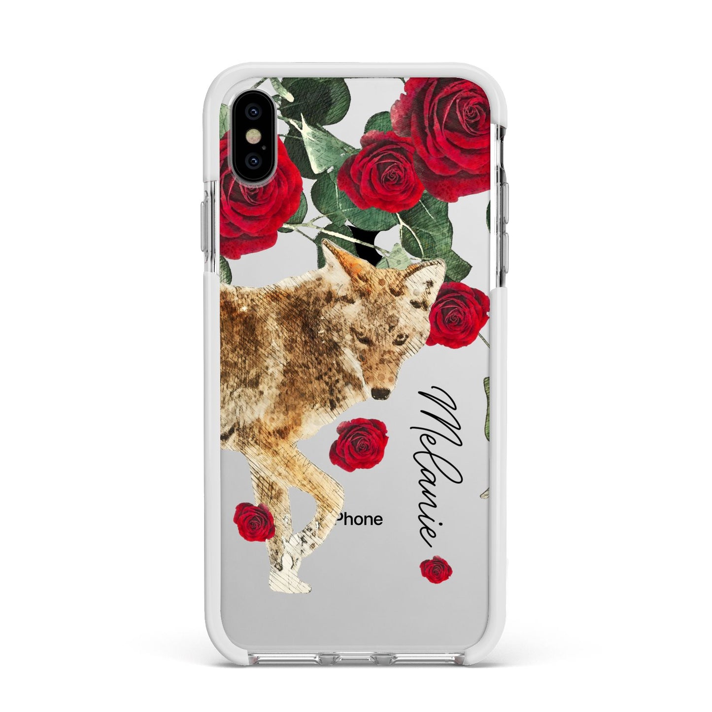 Personalised Name Wolf Apple iPhone Xs Max Impact Case White Edge on Silver Phone