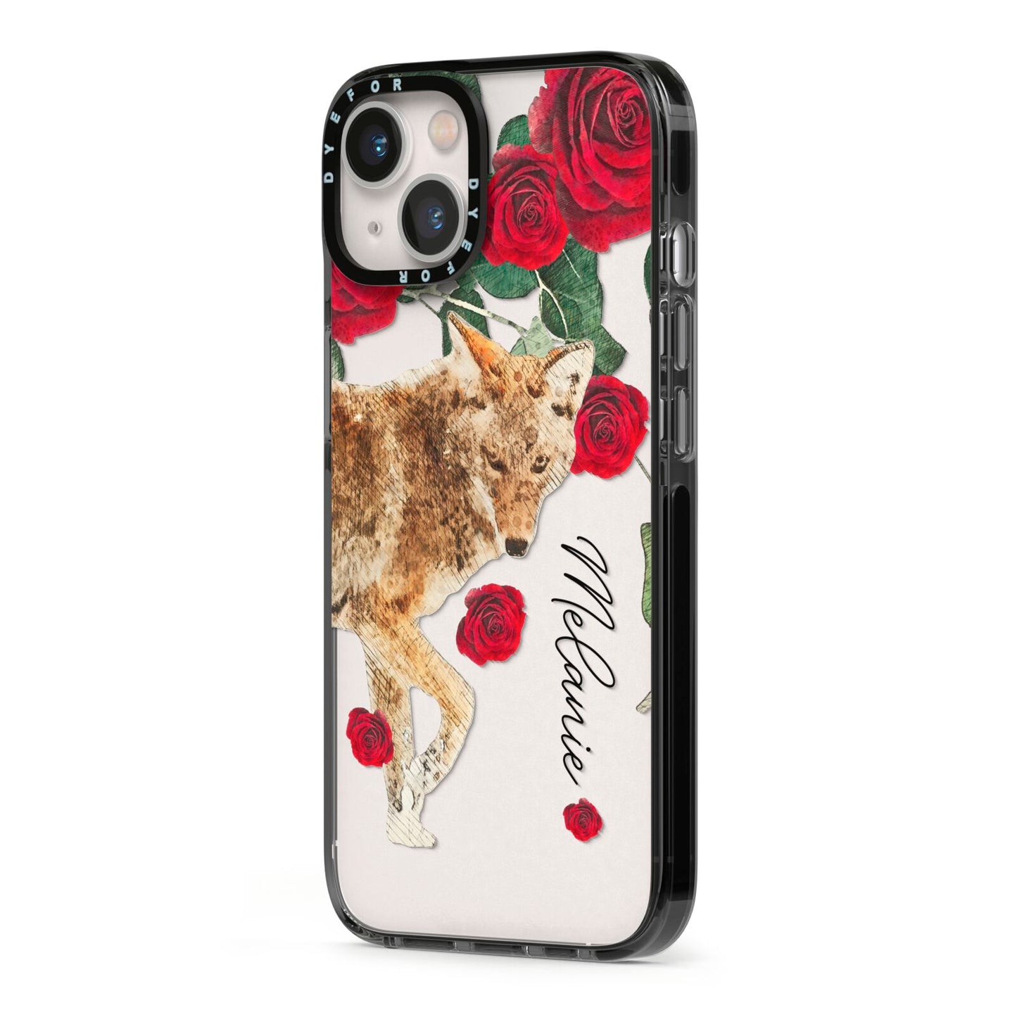Personalised Name Wolf iPhone 13 Black Impact Case Side Angle on Silver phone