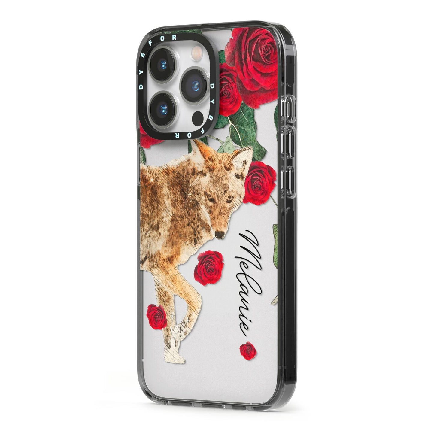 Personalised Name Wolf iPhone 13 Pro Black Impact Case Side Angle on Silver phone