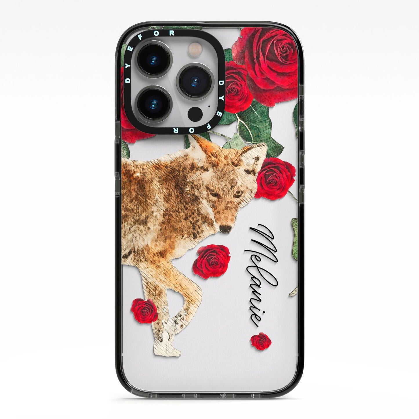 Personalised Name Wolf iPhone 13 Pro Black Impact Case on Silver phone