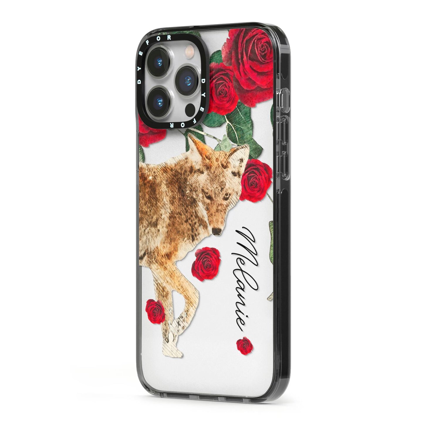 Personalised Name Wolf iPhone 13 Pro Max Black Impact Case Side Angle on Silver phone