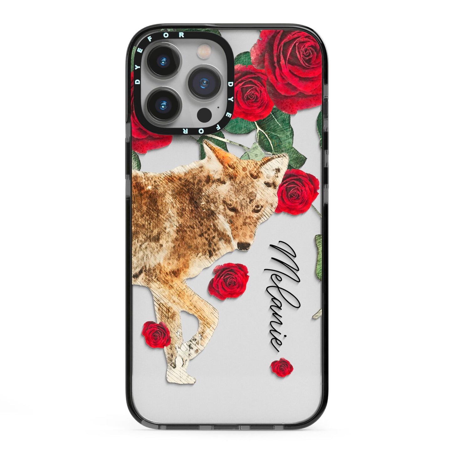 Personalised Name Wolf iPhone 13 Pro Max Black Impact Case on Silver phone