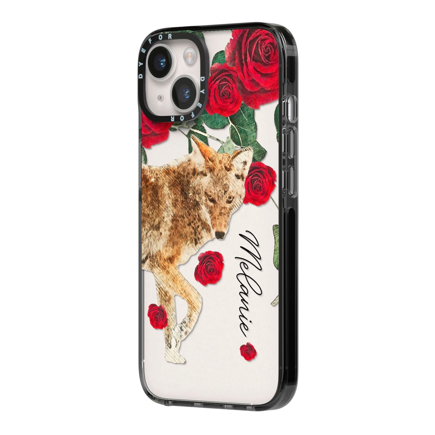 Personalised Name Wolf iPhone 14 Black Impact Case Side Angle on Silver phone