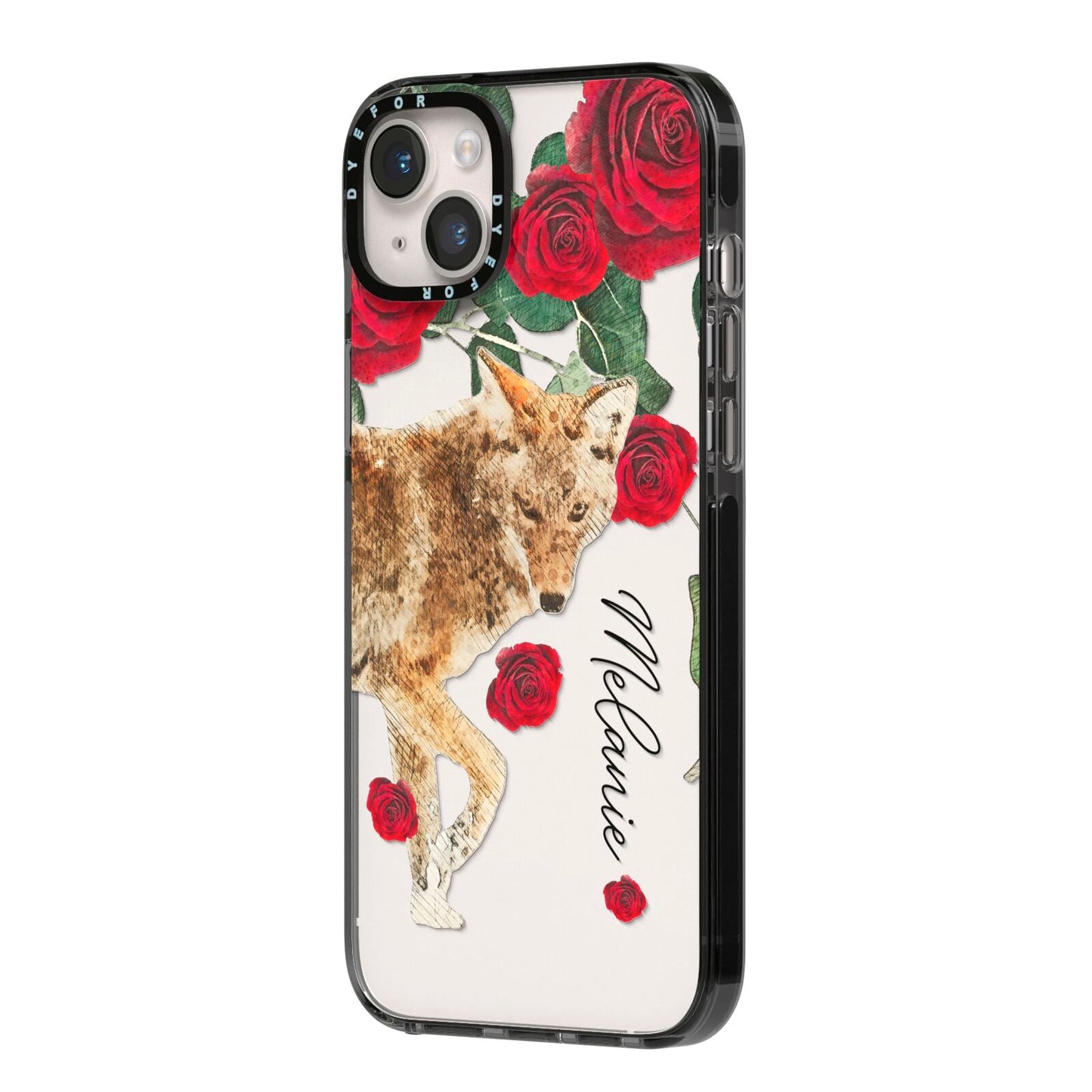 Personalised Name Wolf iPhone 14 Plus Black Impact Case Side Angle on Silver phone