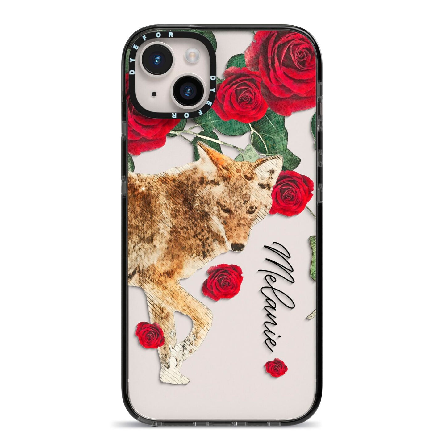 Personalised Name Wolf iPhone 14 Plus Black Impact Case on Silver phone