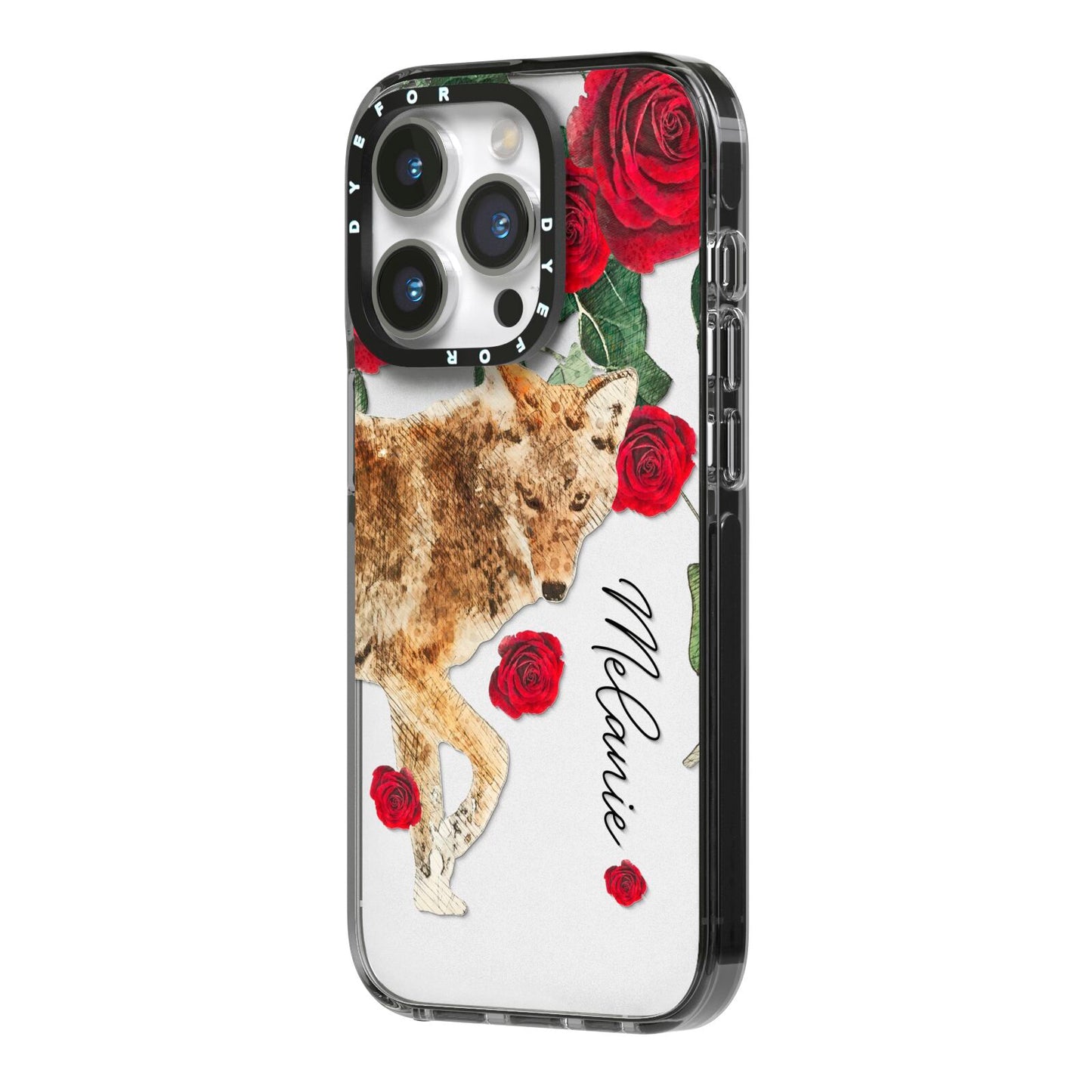 Personalised Name Wolf iPhone 14 Pro Black Impact Case Side Angle on Silver phone