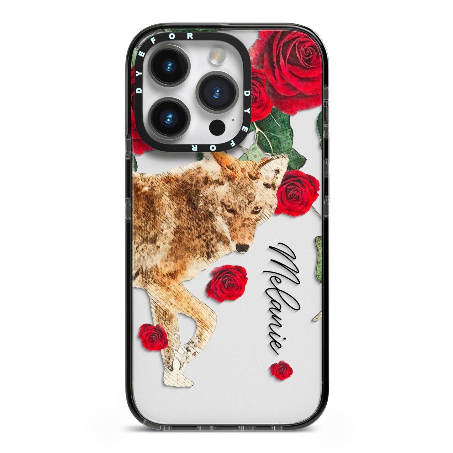 Personalised Name Wolf iPhone 14 Pro Black Impact Case on Silver phone