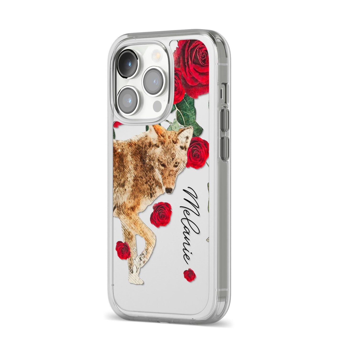 Personalised Name Wolf iPhone 14 Pro Clear Tough Case Silver Angled Image