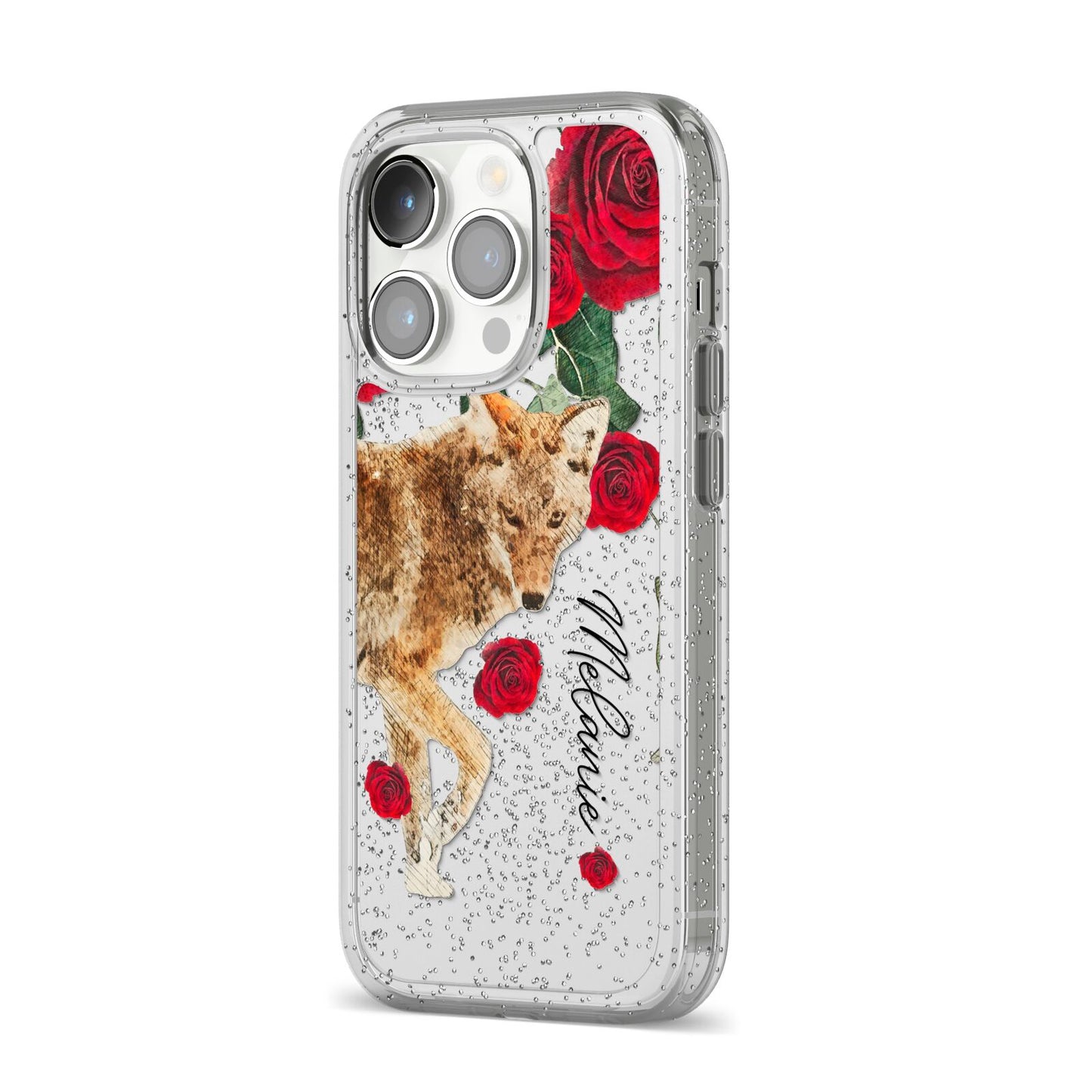 Personalised Name Wolf iPhone 14 Pro Glitter Tough Case Silver Angled Image