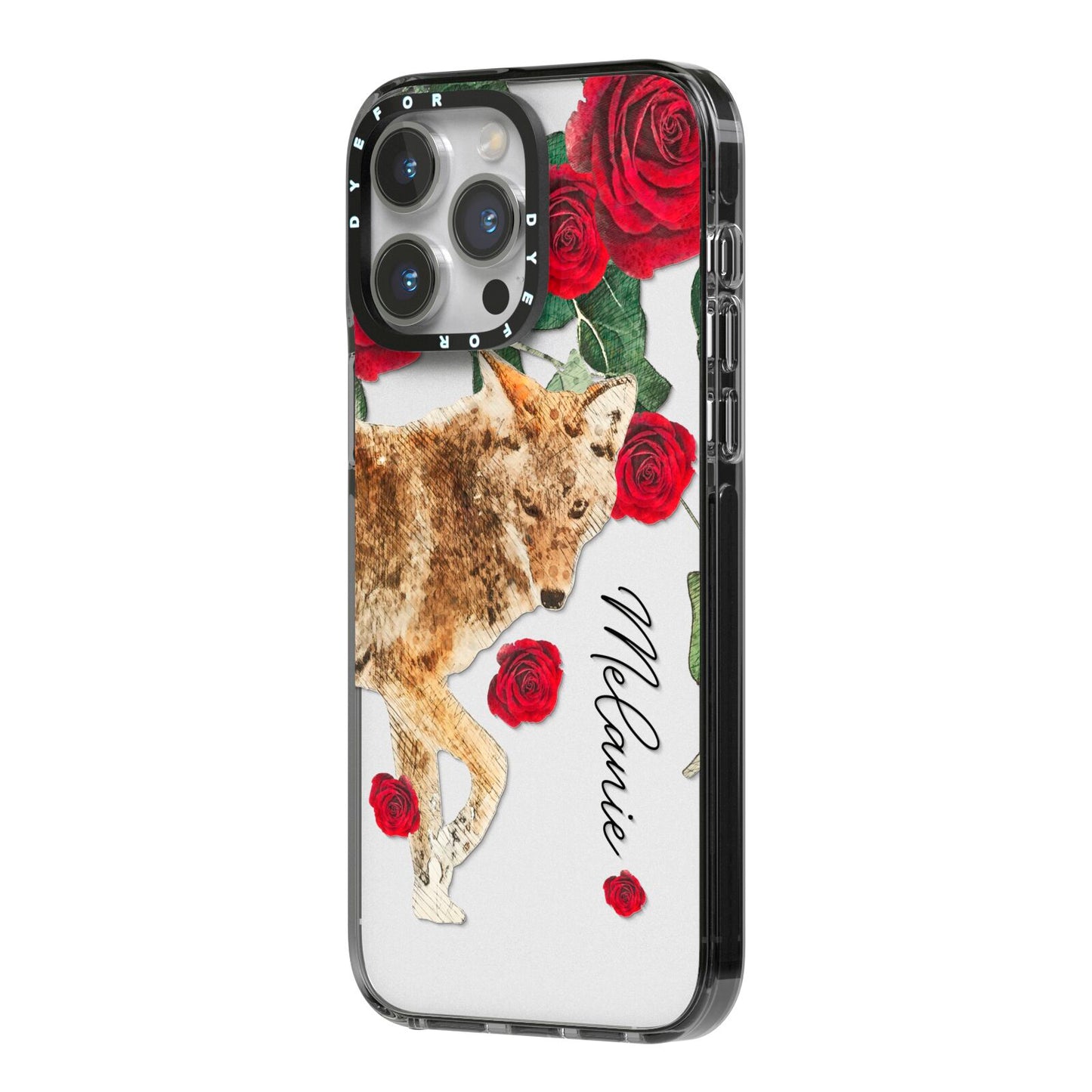 Personalised Name Wolf iPhone 14 Pro Max Black Impact Case Side Angle on Silver phone