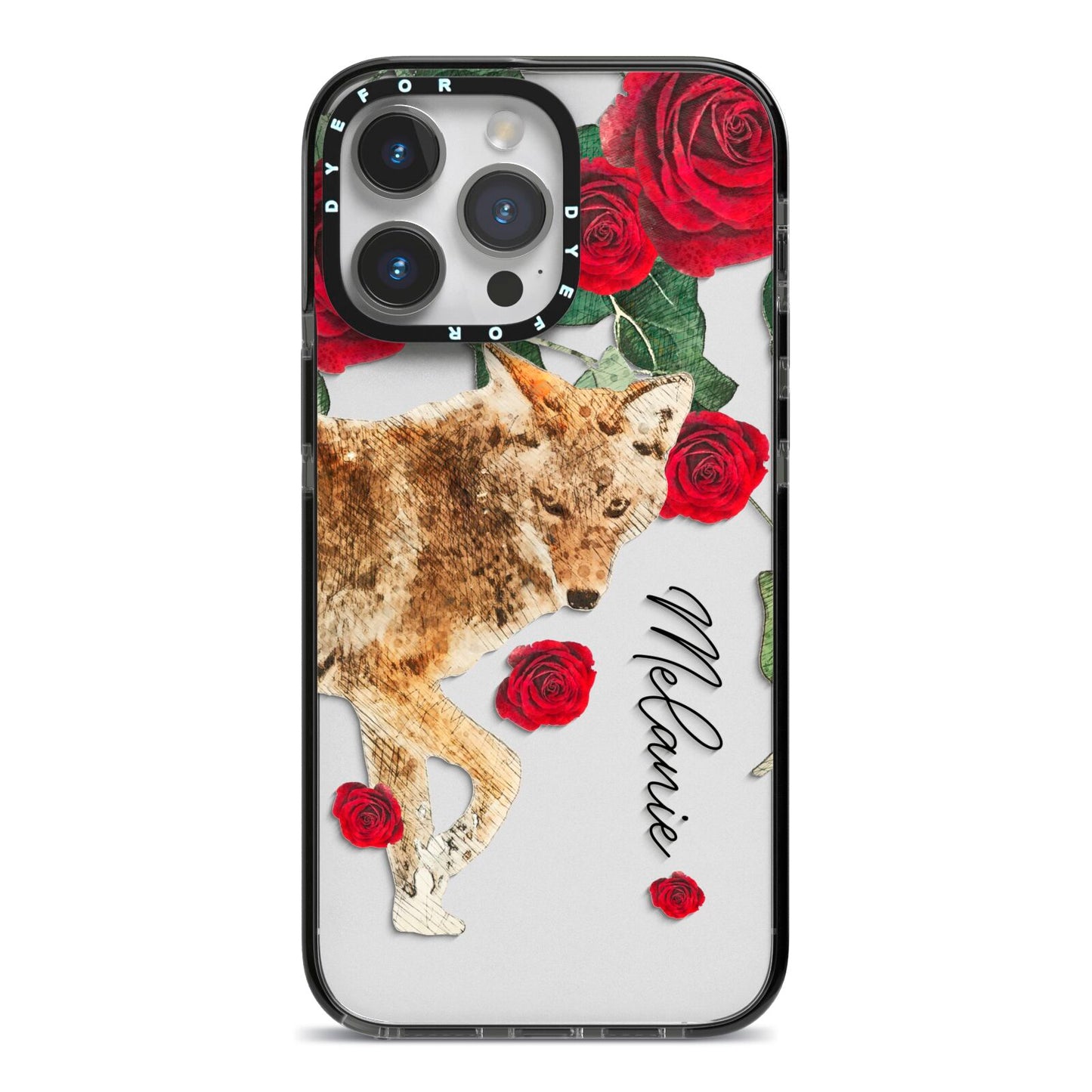 Personalised Name Wolf iPhone 14 Pro Max Black Impact Case on Silver phone