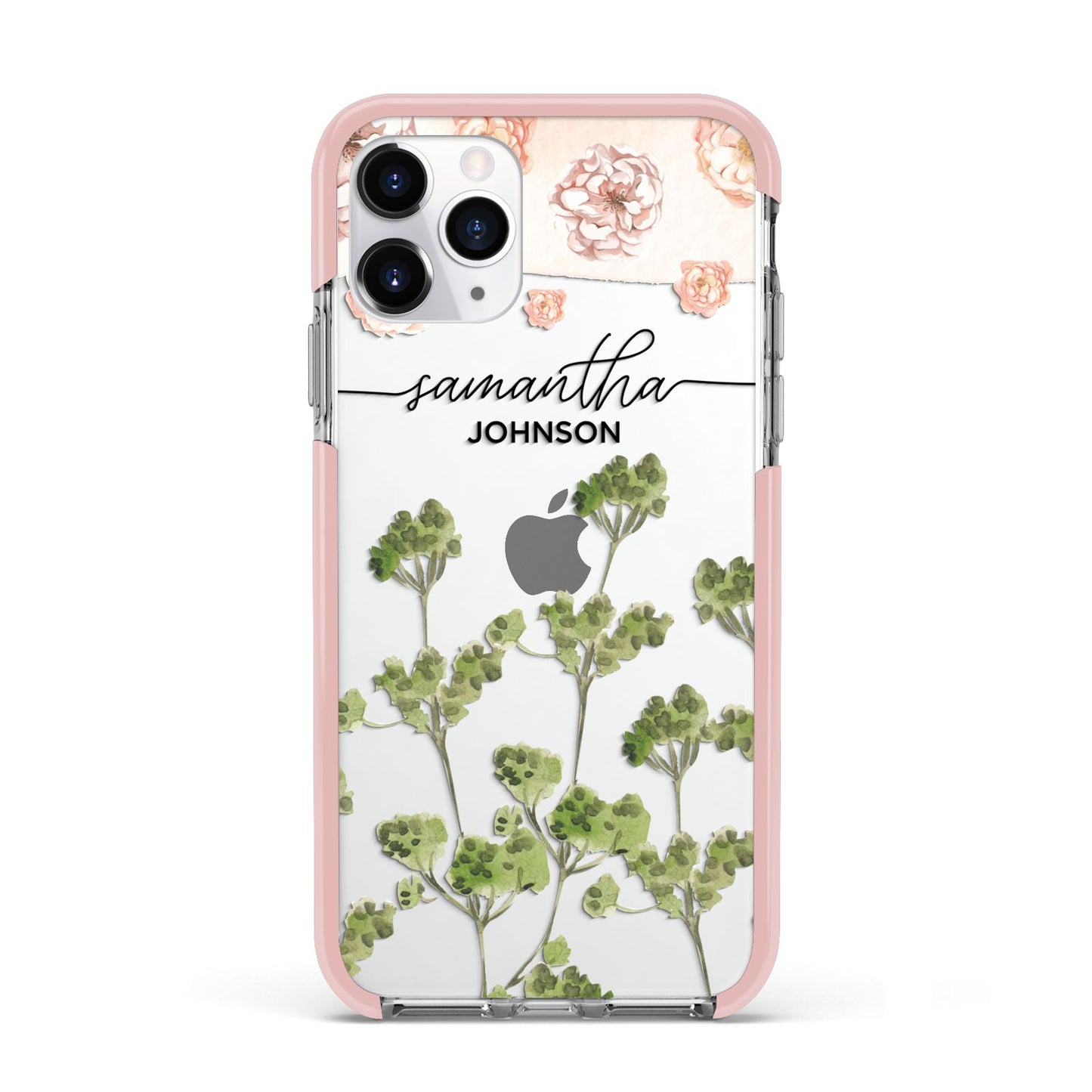 Personalised Names Flowers Apple iPhone 11 Pro in Silver with Pink Impact Case