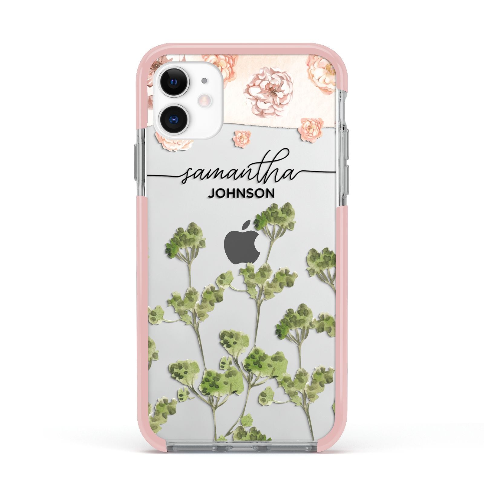 Personalised Names Flowers Apple iPhone 11 in White with Pink Impact Case