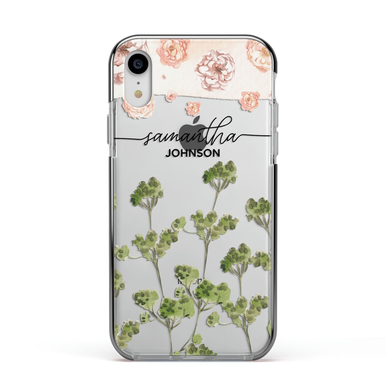 Personalised Names Flowers Apple iPhone XR Impact Case Black Edge on Silver Phone