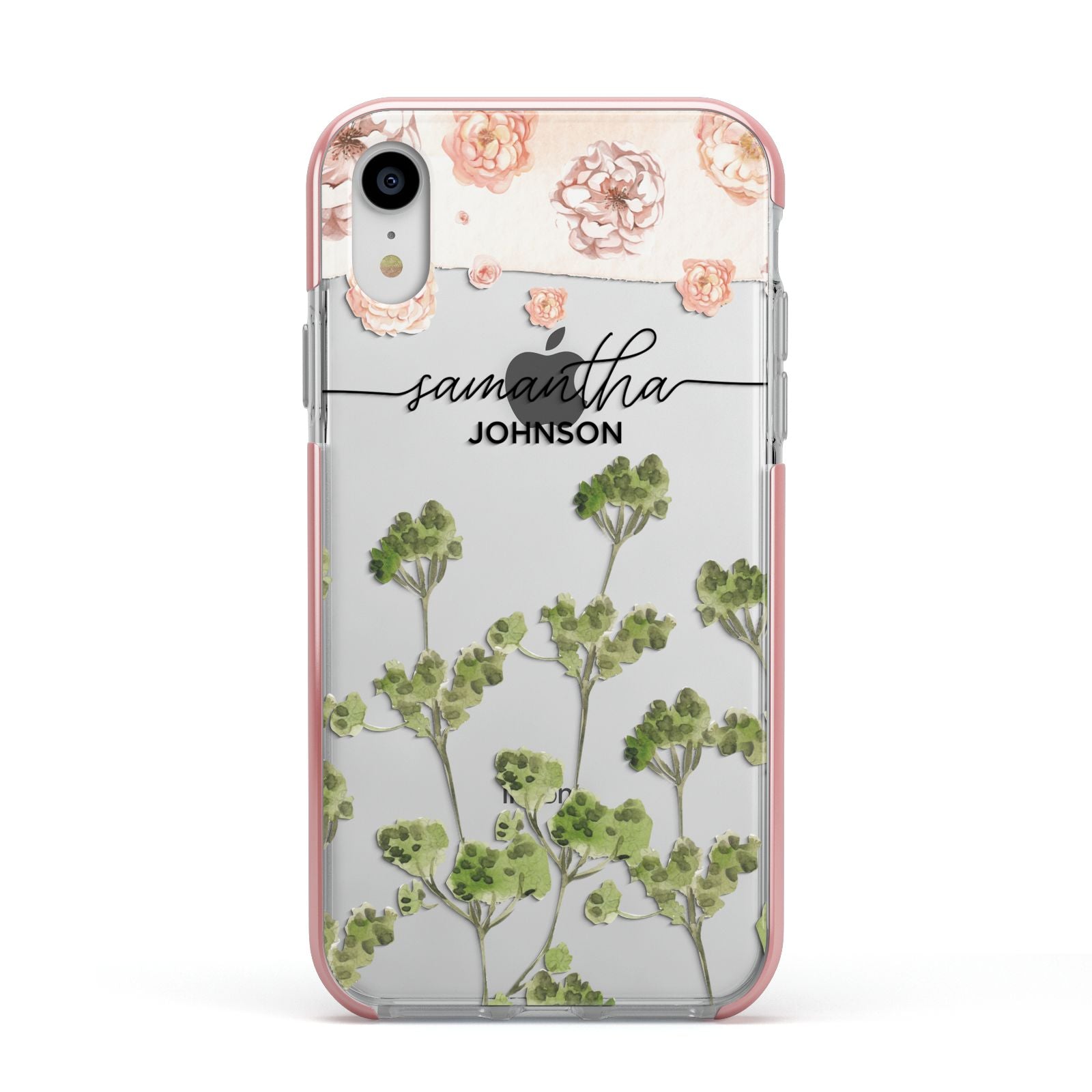 Personalised Names Flowers Apple iPhone XR Impact Case Pink Edge on Silver Phone
