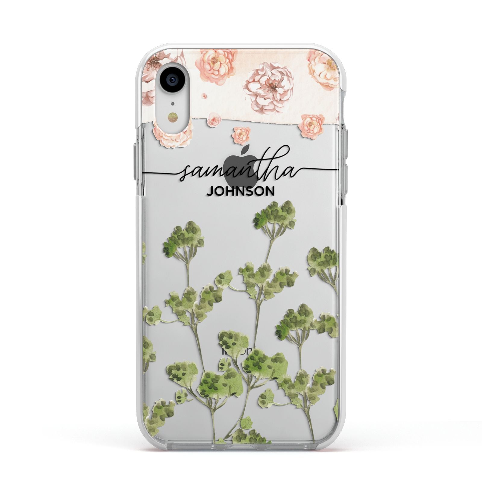 Personalised Names Flowers Apple iPhone XR Impact Case White Edge on Silver Phone