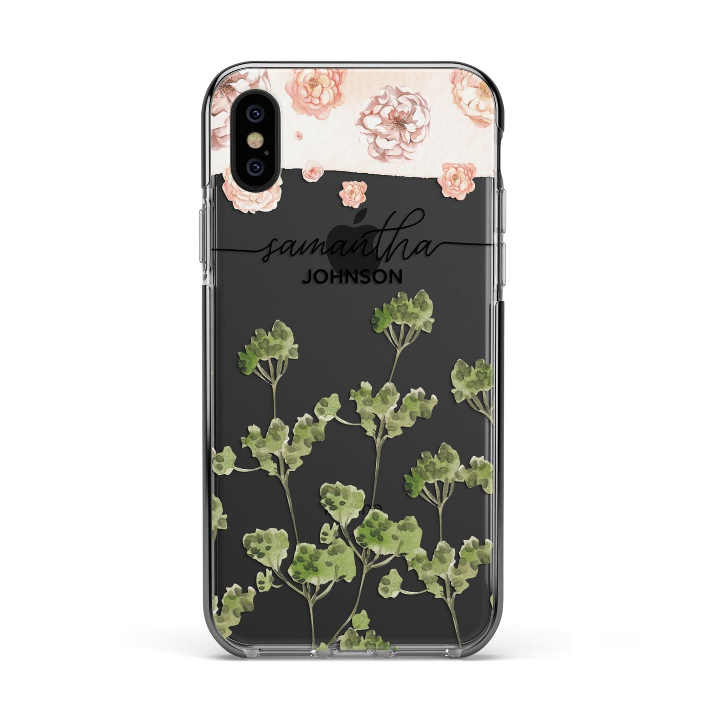 Personalised Names Flowers Apple iPhone Xs Impact Case Black Edge on Black Phone