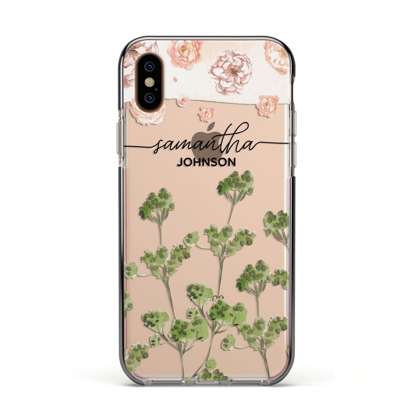 Personalised Names Flowers Apple iPhone Xs Impact Case Black Edge on Gold Phone