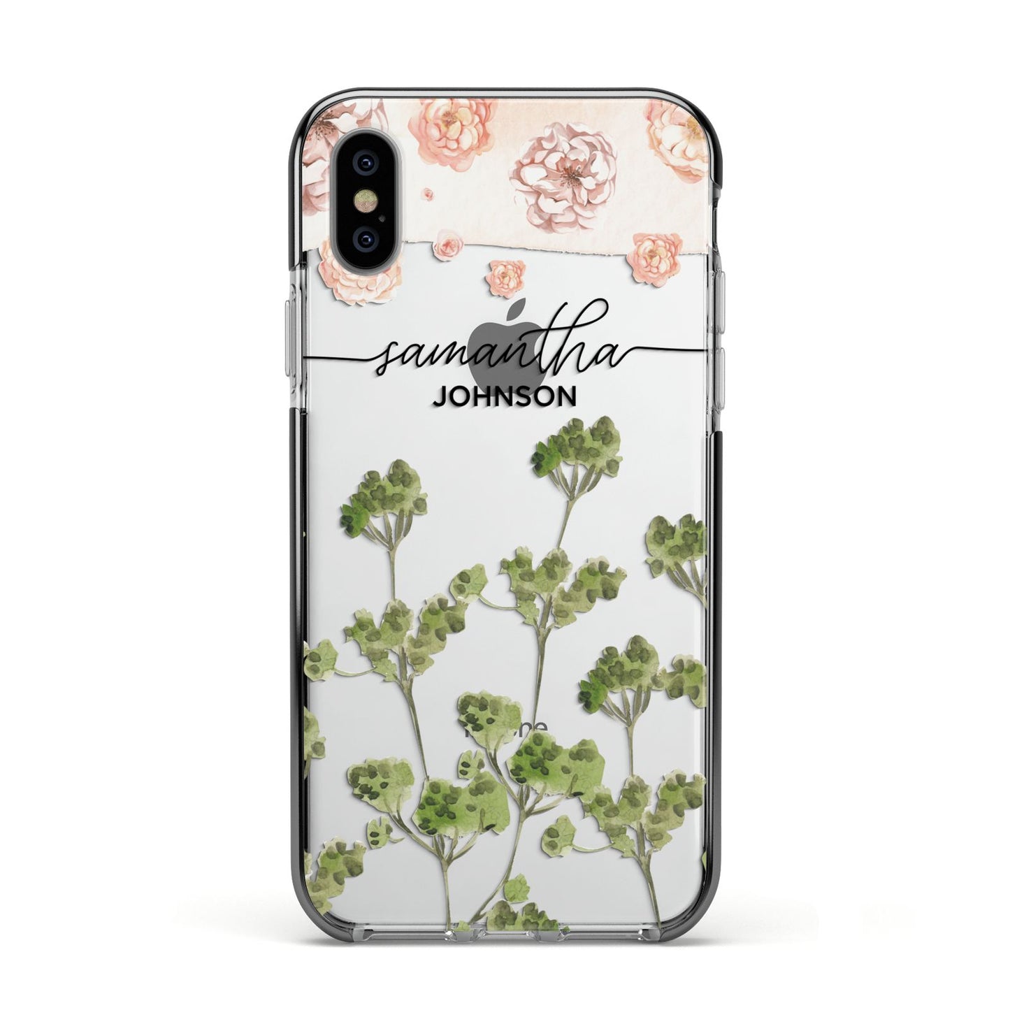 Personalised Names Flowers Apple iPhone Xs Impact Case Black Edge on Silver Phone