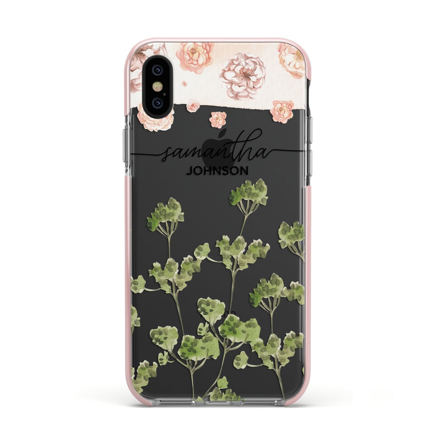 Personalised Names Flowers Apple iPhone Xs Impact Case Pink Edge on Black Phone