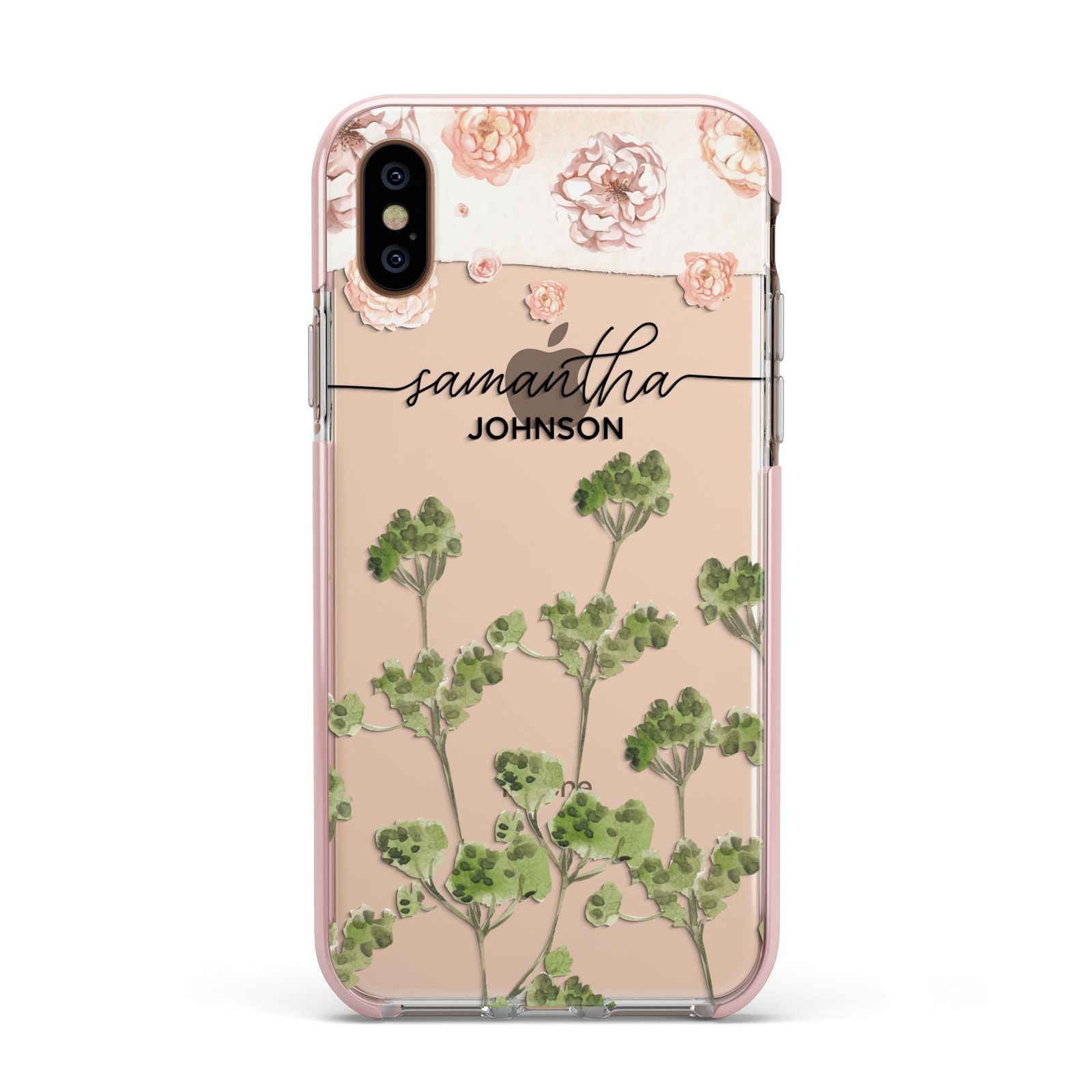 Personalised Names Flowers Apple iPhone Xs Impact Case Pink Edge on Gold Phone
