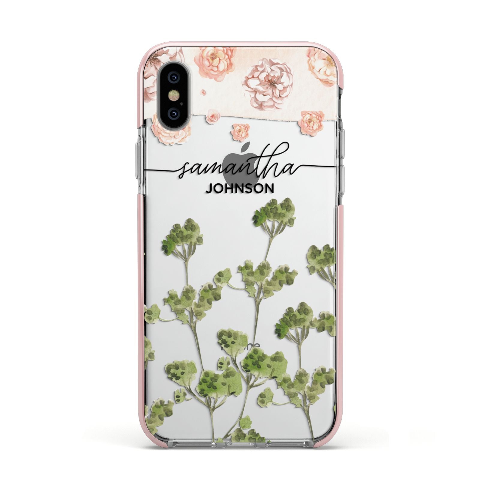 Personalised Names Flowers Apple iPhone Xs Impact Case Pink Edge on Silver Phone