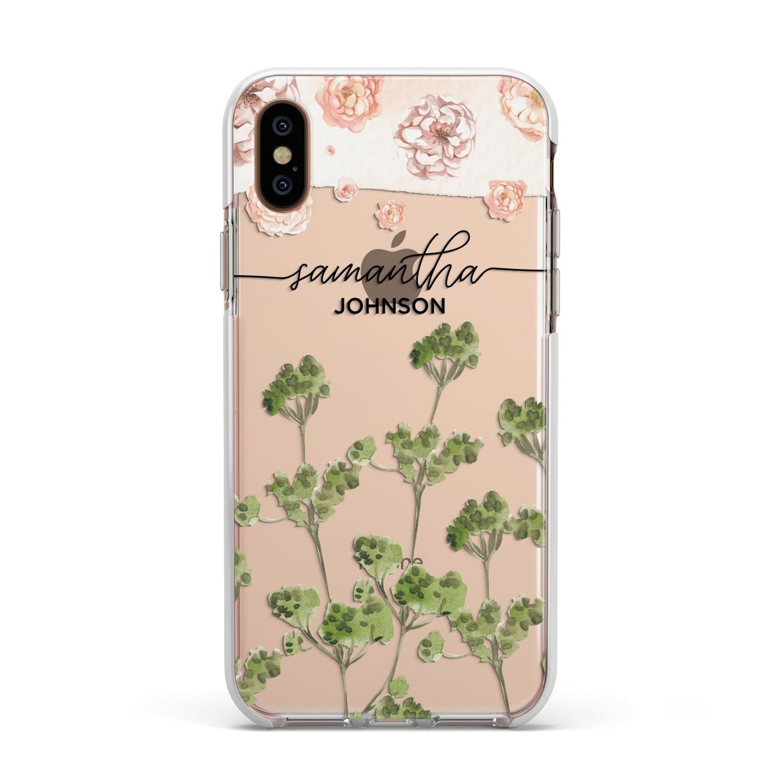 Personalised Names Flowers Apple iPhone Xs Impact Case White Edge on Gold Phone