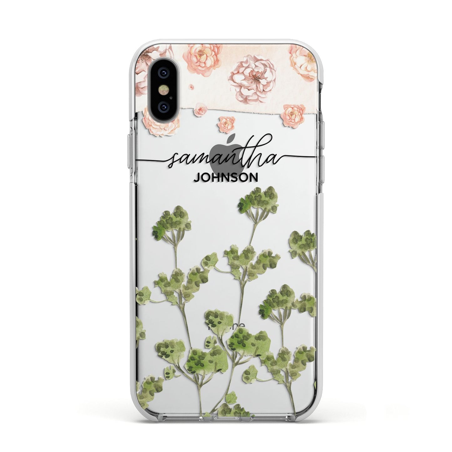 Personalised Names Flowers Apple iPhone Xs Impact Case White Edge on Silver Phone
