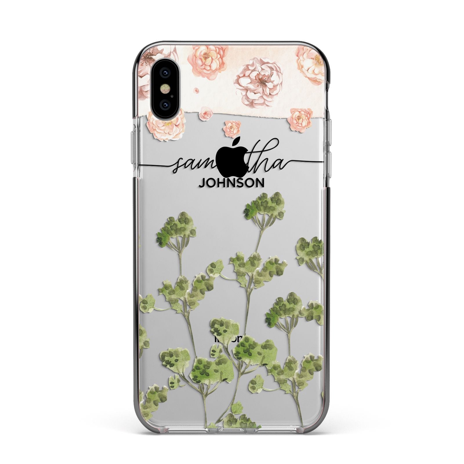 Personalised Names Flowers Apple iPhone Xs Max Impact Case Black Edge on Silver Phone