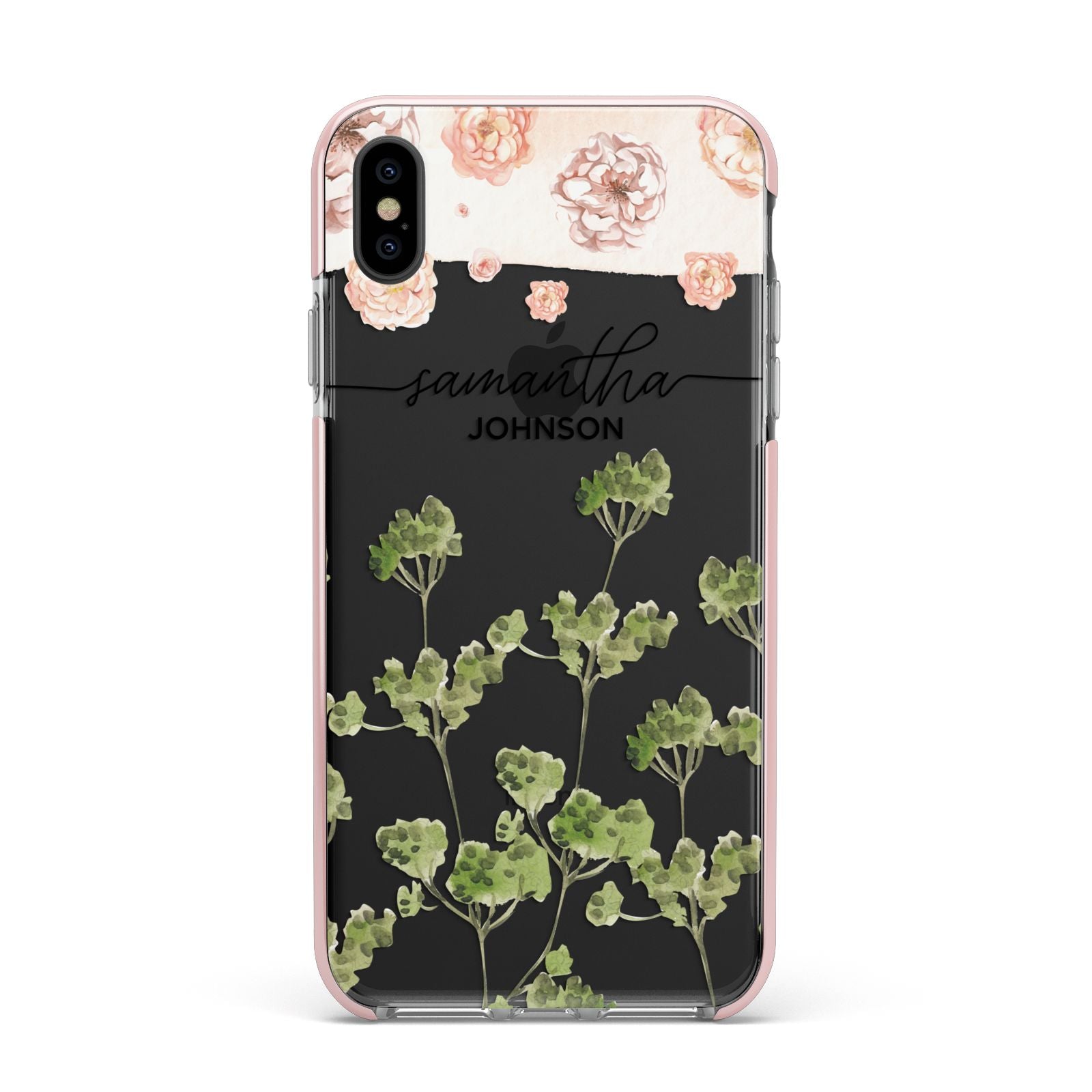 Personalised Names Flowers Apple iPhone Xs Max Impact Case Pink Edge on Black Phone