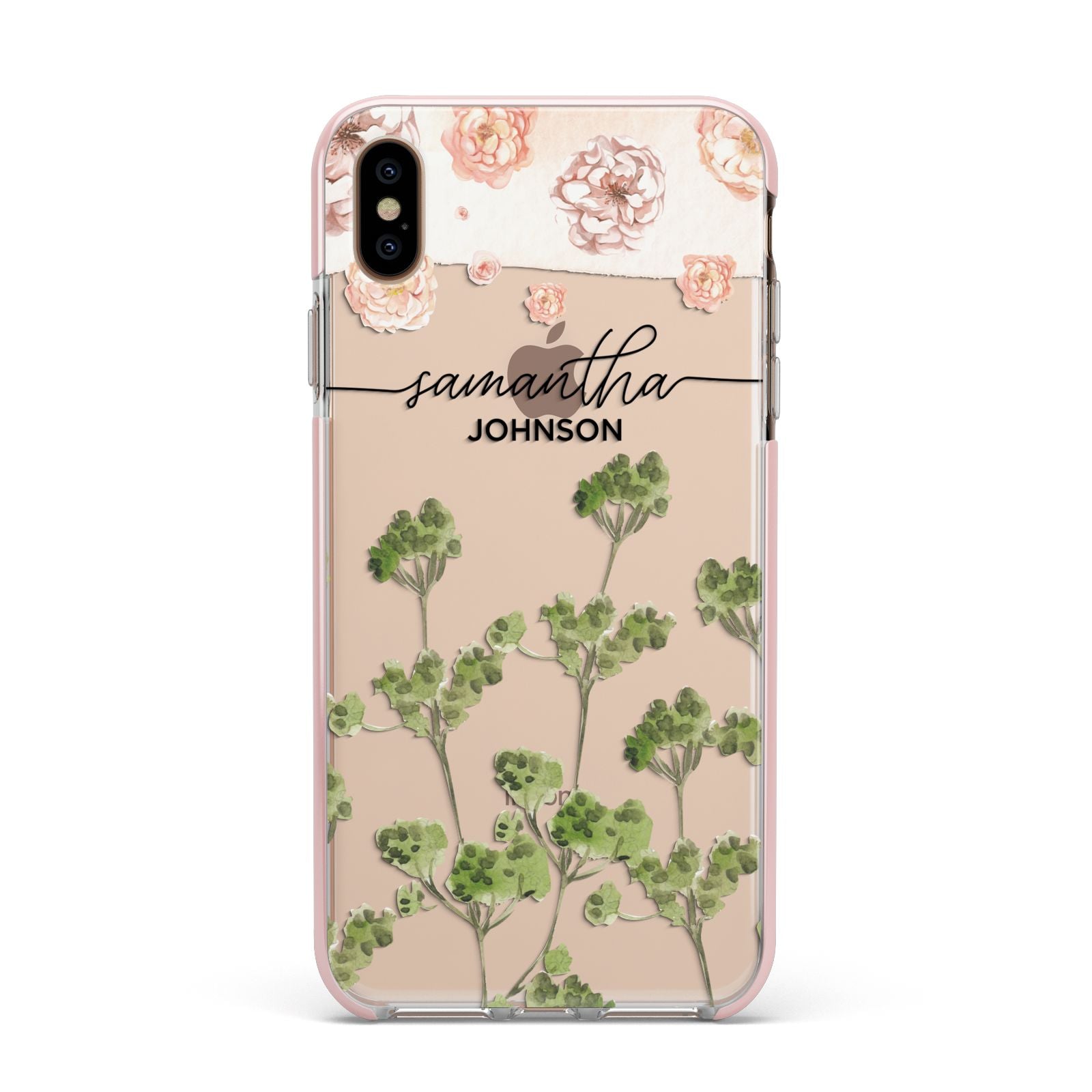Personalised Names Flowers Apple iPhone Xs Max Impact Case Pink Edge on Gold Phone