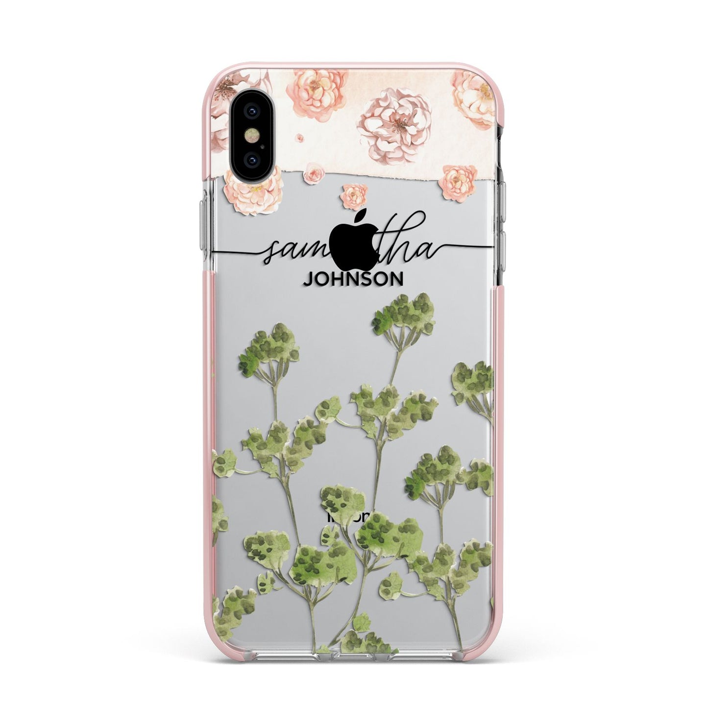 Personalised Names Flowers Apple iPhone Xs Max Impact Case Pink Edge on Silver Phone