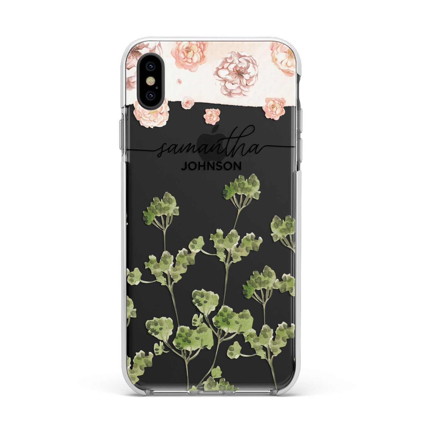 Personalised Names Flowers Apple iPhone Xs Max Impact Case White Edge on Black Phone